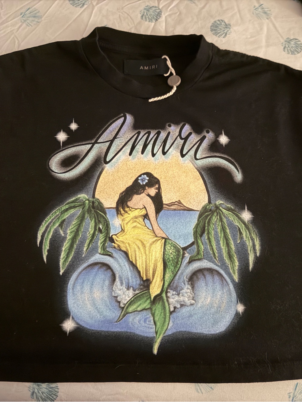 AMIRI Black Tee with Yellow-Green Mermaid Graphic